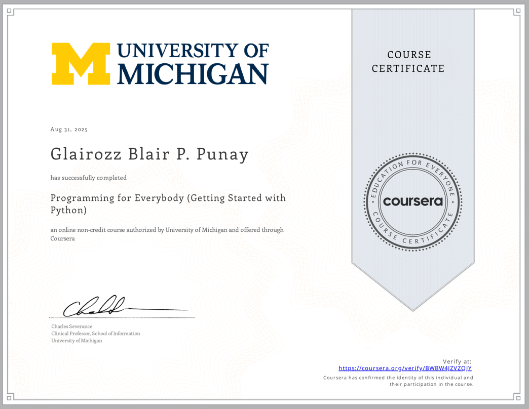 Python for Everybody certificate preview